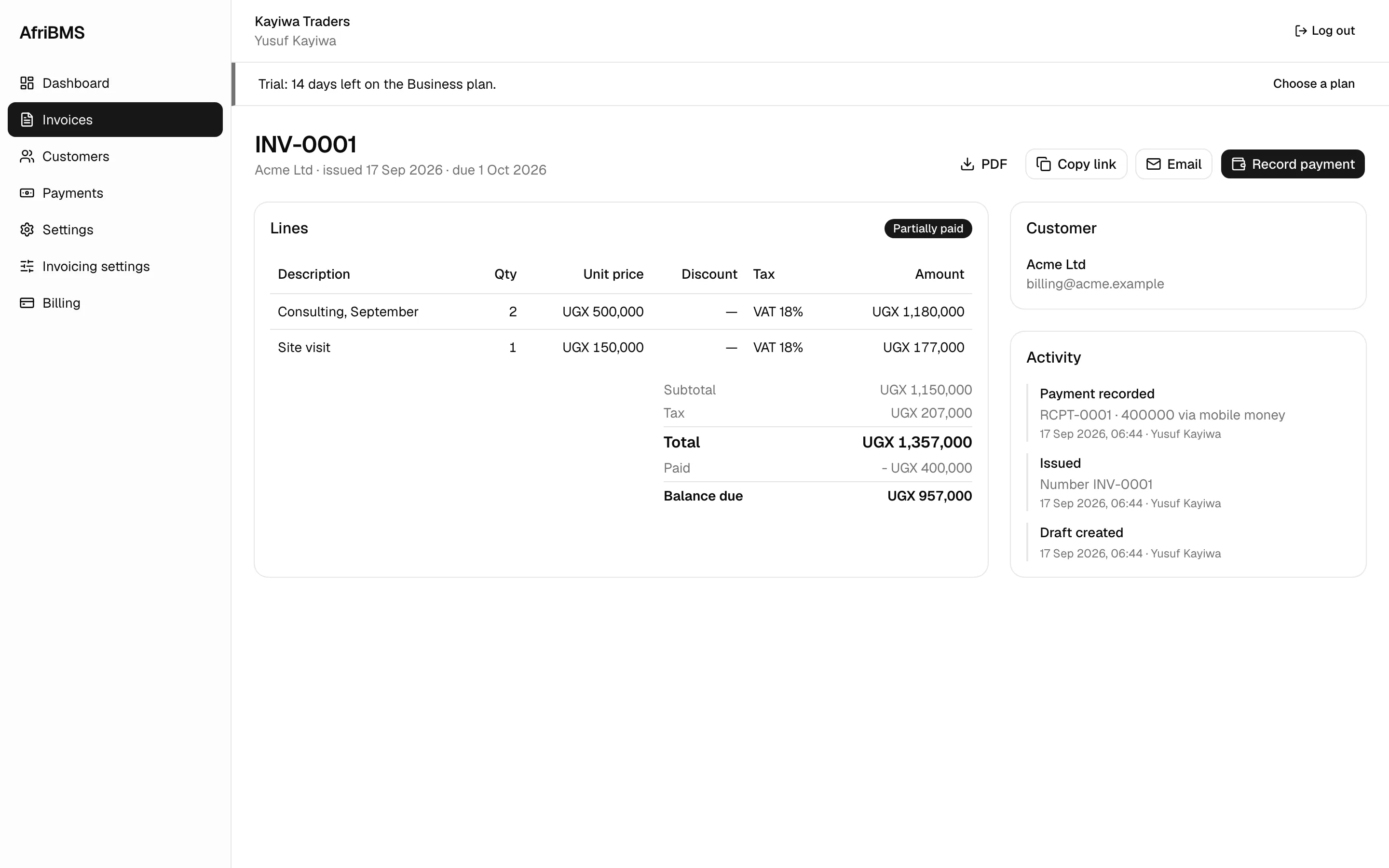 The AfriBMS invoice page, showing a VAT invoice ready to send to a customer